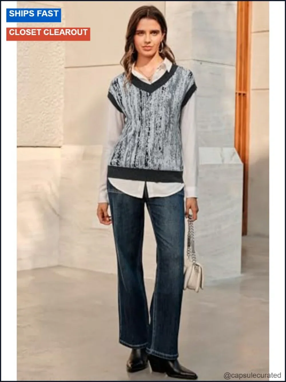 Wool Blend Knit V-Neck Sleeveless Sweater Vest Layering Top